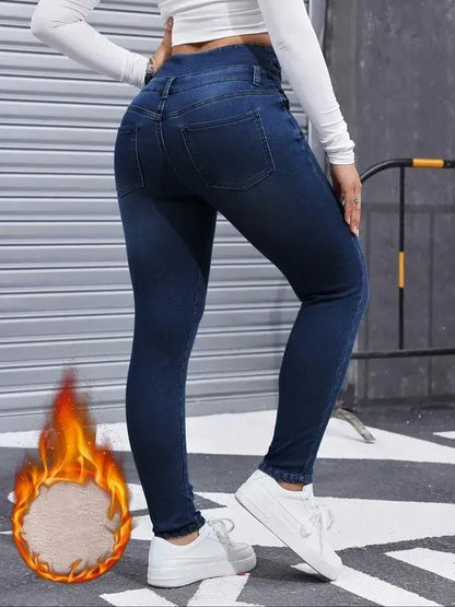 Women's High Elasticity Fleece Lined Thick Denim Jeans
