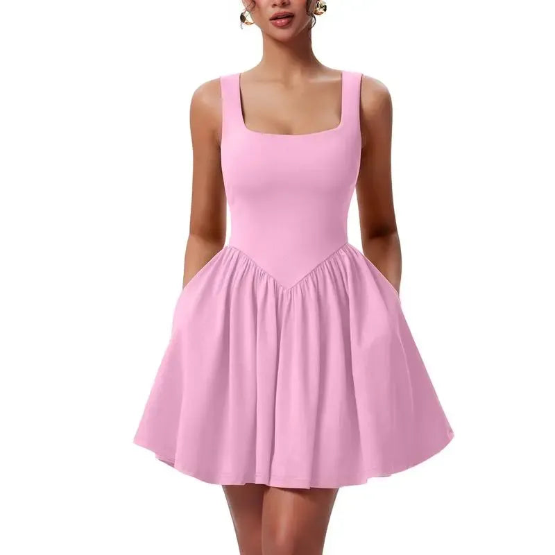 Women's Square Neck A-line Ruffle Hem Mini Tank Dress with Pockets