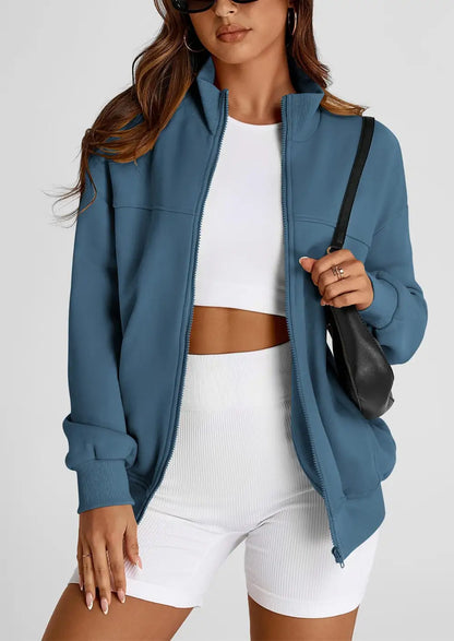 Women's SpringFall Fashion Full Zip Up SweatshirtLong Sleeve Loose Fit TrendyCasual Jacket with Pockets