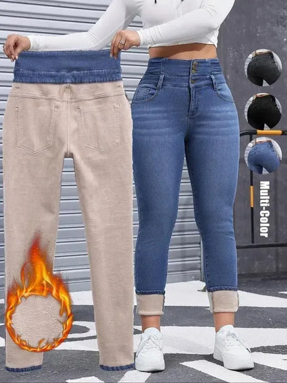 Women's High Elasticity Fleece Lined Thick Denim Jeans