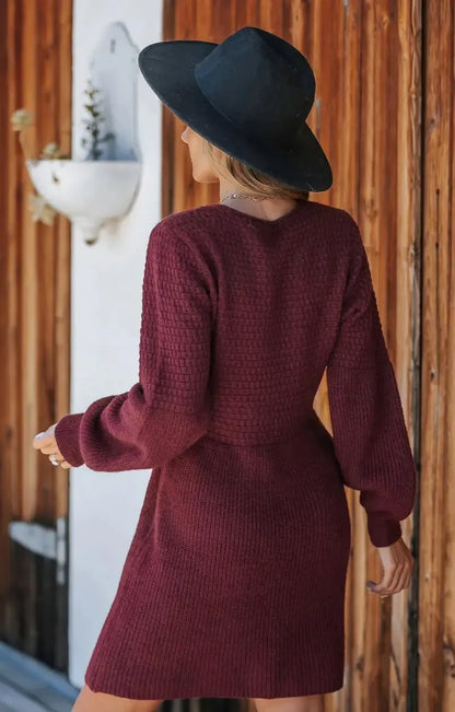 Women's Casual Sweater Dress V Neck Honeycomb Long Sleeve Textured Knit Pullover Dresses