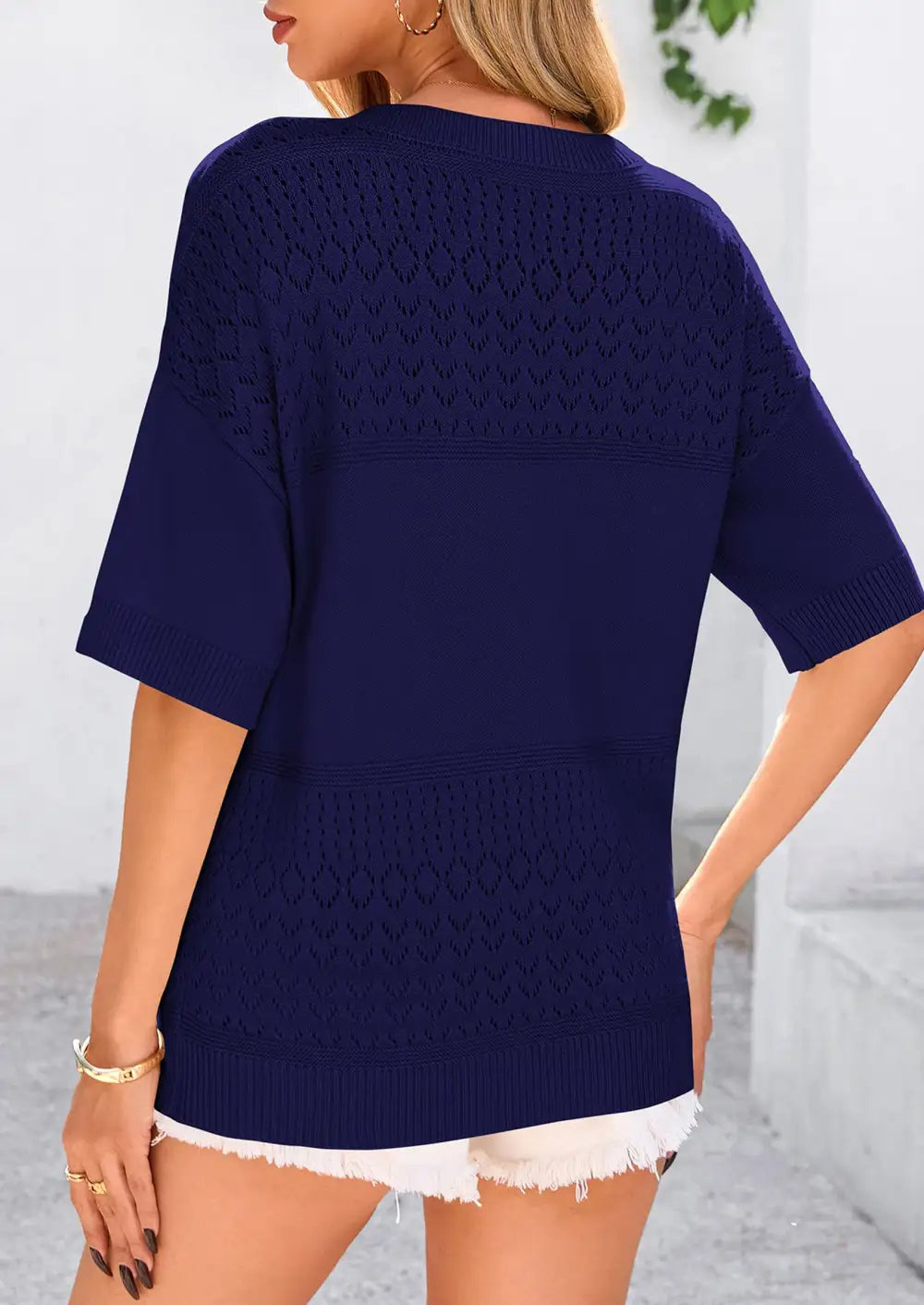 Women's ShortSleeve Sweater Tops SpringSummer Casual V Neck Ribbed KnitTrendy Eyelet Blouse T Shirts