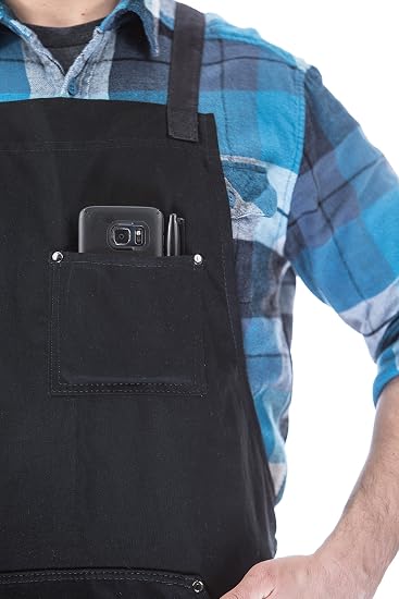 Durable Goods Heavy Duty Waxed CanvasApron for Men and Women, Adjustable CrossbackWork Apron with Tool Pockets, Water-Resistant -Fits up to XXL, Black