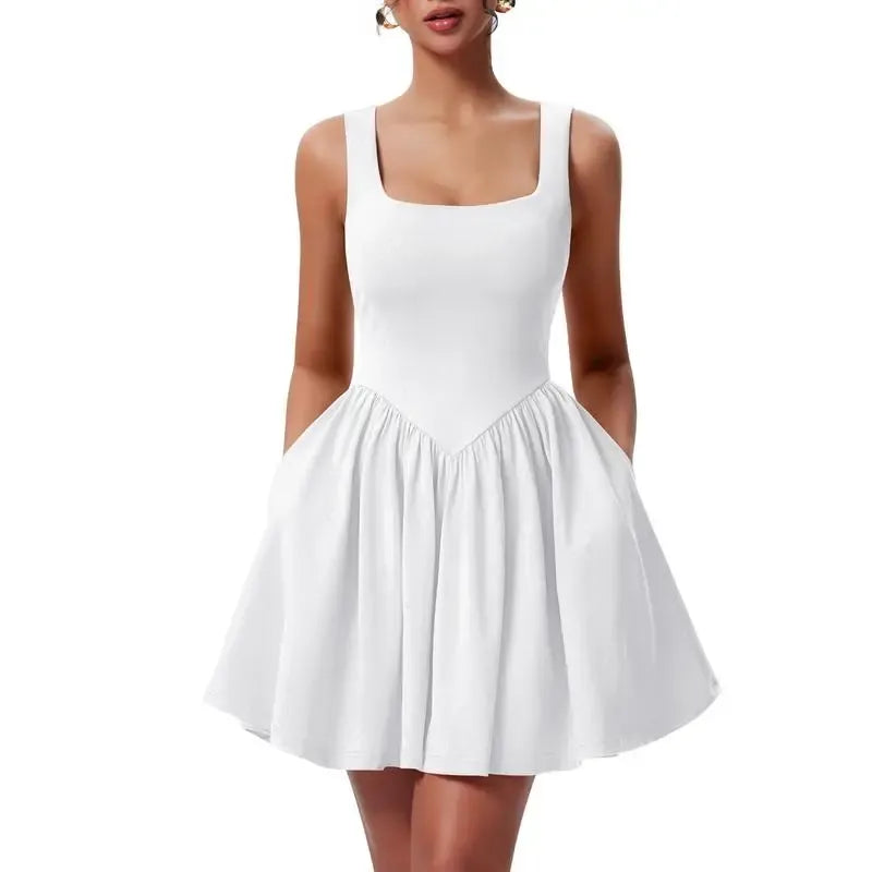 Women's Square Neck A-line Ruffle Hem Mini Tank Dress with Pockets