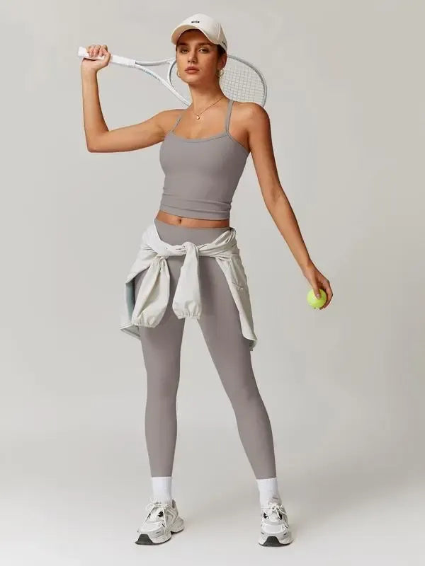 Women's Solid Cut Out Backless Cami Top & High Waist Leggings Tracksuit Set