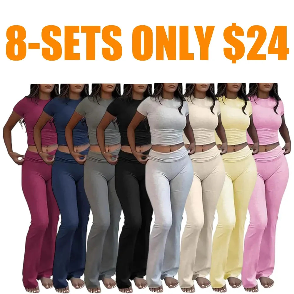 Women's Two-Piece Casual Set: Fitted Short-Sleeve Top with Bell-Bottom Pants