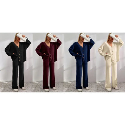 Women's V Neck Cardigan & Elastic Waist Wide Leg Pants Two-piece Set