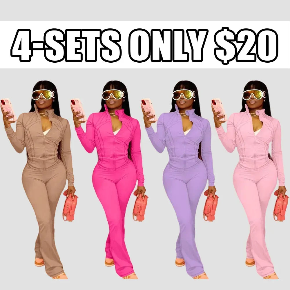 Women's Casual Sporty Two-Piece Set, Long Sleeve Zipper Design, Regular Fit, Fall & Winter, Fashionable Women's Clothing