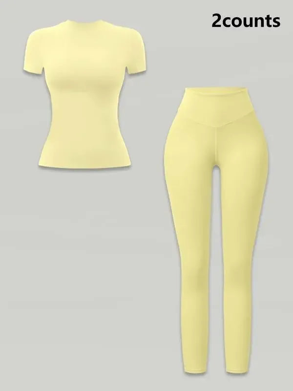 Women's Solid Ribbed Long Sleeve Tee & Leggings Sport Set