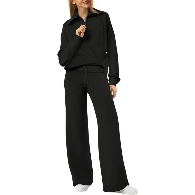 Women's Casual Set 2025 Collection Half-Zip Sweatshirt and Wide-Leg Pants