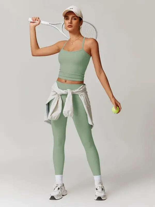 Women's Solid Cut Out Backless Cami Top & High Waist Leggings Tracksuit Set