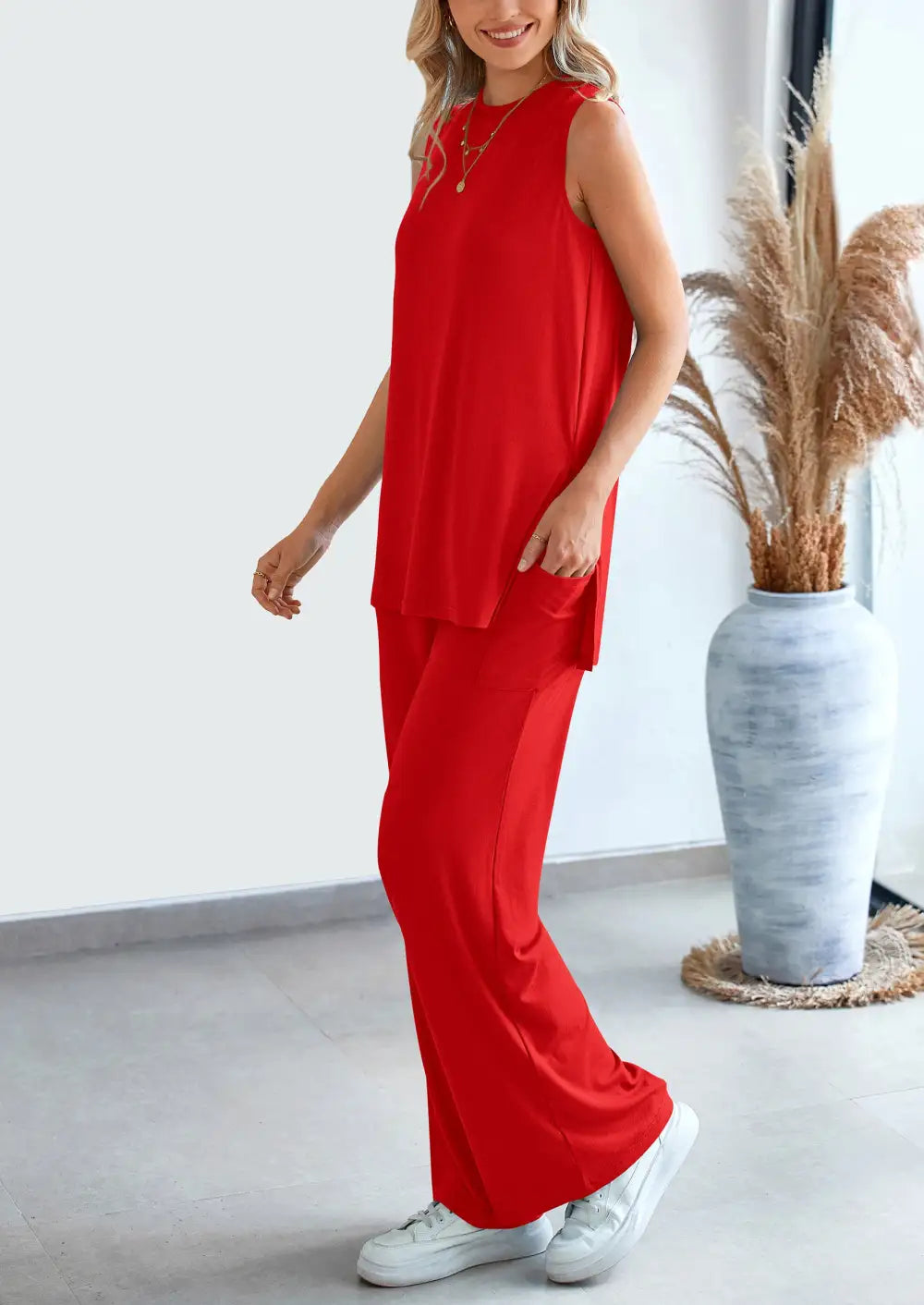 2 Piece Set LooseTank Top Wide Leg Pants CasualMatching Outfits Tracksuit