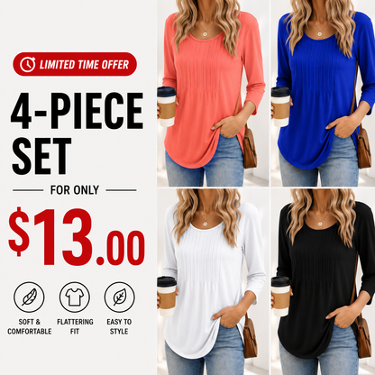 Women's 3/4 Length SleeveCrewneck Casual Pleated TunicTops