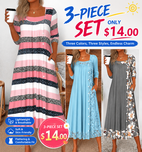 Light Blue Patchwork A Line 3/4 Sleeve Dress