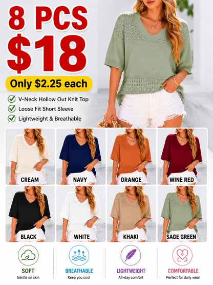 Women's ShortSleeve Sweater Tops SpringSummer Casual V Neck Ribbed KnitTrendy Eyelet Blouse T Shirts