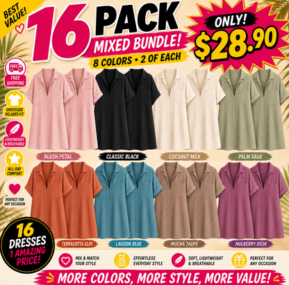 8-Pack Women's Oversized Deep V Collared Chest-Pocket Mini Dresses, Relaxed Resort Fit