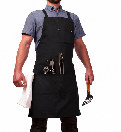 Durable Goods Heavy Duty Waxed CanvasApron for Men and Women, Adjustable CrossbackWork Apron with Tool Pockets, Water-Resistant -Fits up to XXL, Black