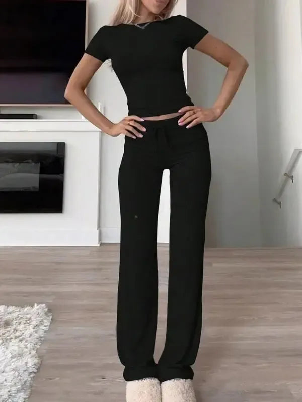 Women's Plain Shortsleeve Top & Drawstring Pants Set