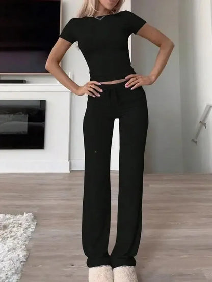 Women's Plain Shortsleeve Top & Drawstring Pants Set