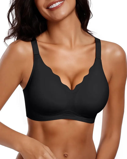 Womens Seamless Bras No Underwire Supportive Wireless Push Up Full Coverage Bralette Comfort Scalloped T-Shirt Bra