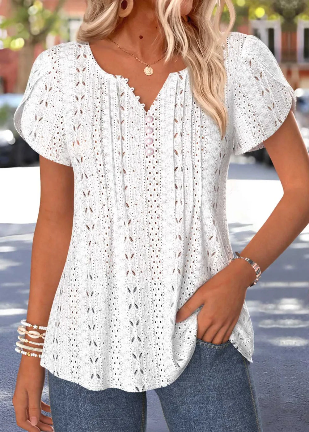White Curved Hem Short Sleeve Split Neck T Shirt