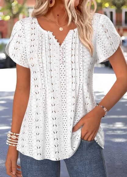 White Curved Hem Short Sleeve Split Neck T Shirt