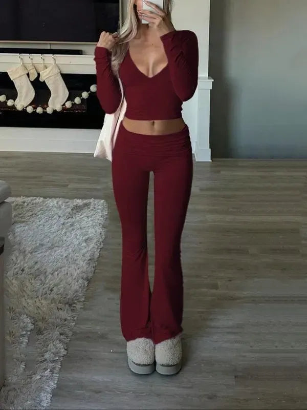 Elegant Casual V-Neck Long Sleeve Basic Two-Piece Outfit Set