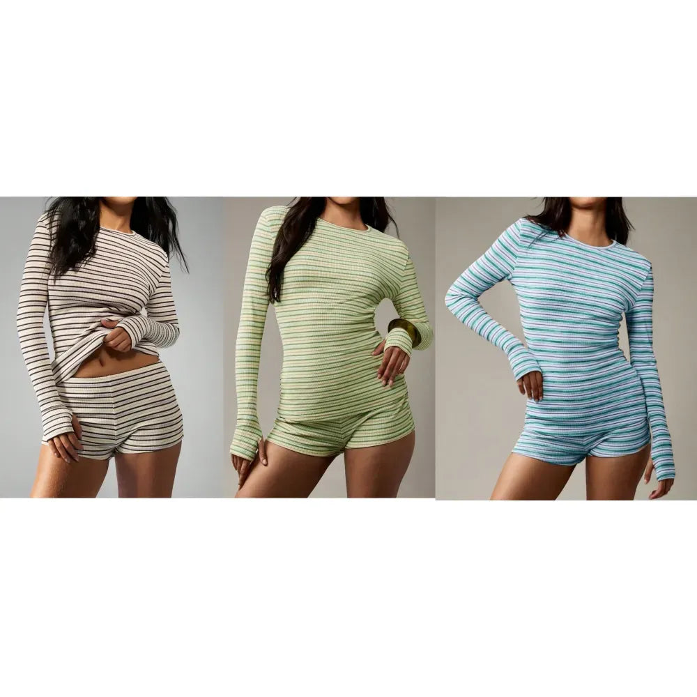 Women's Striped Knit Long Sleeve Top & High Waist Sporty Shorts Set