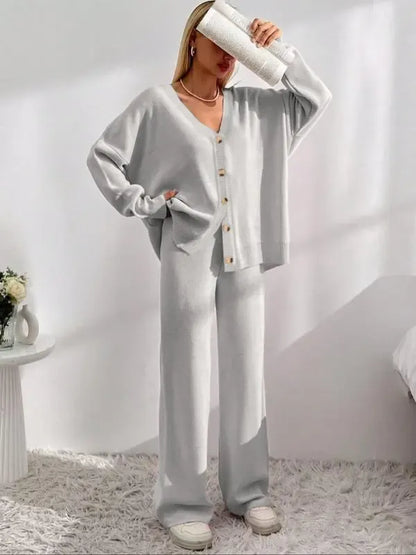 Women's V Neck Cardigan & Elastic Waist Wide Leg Pants Two-piece Set