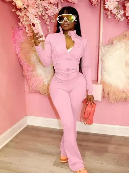 Women's Casual Sporty Two-Piece Set, Long Sleeve Zipper Design, Regular Fit, Fall & Winter, Fashionable Women's Clothing