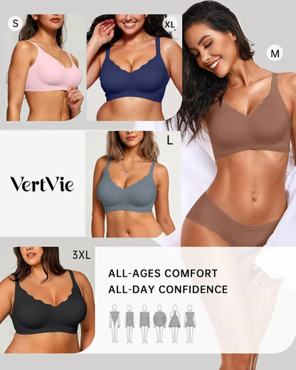 Womens Seamless Bras No Underwire Supportive Wireless Push Up Full Coverage Bralette Comfort Scalloped T-Shirt Bra