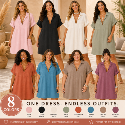 8-Pack Women's Oversized Deep V Collared Chest-Pocket Mini Dresses, Relaxed Resort Fit