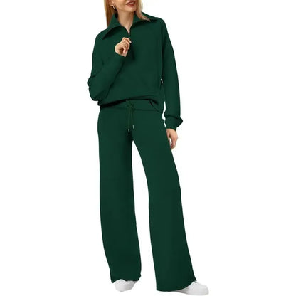 Women's Casual Set 2025 Collection Half-Zip Sweatshirt and Wide-Leg Pants