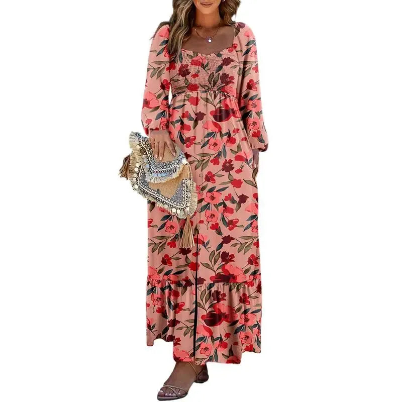 Boho Floral Smocked Square Neck Long Sleeve Maxi Dress