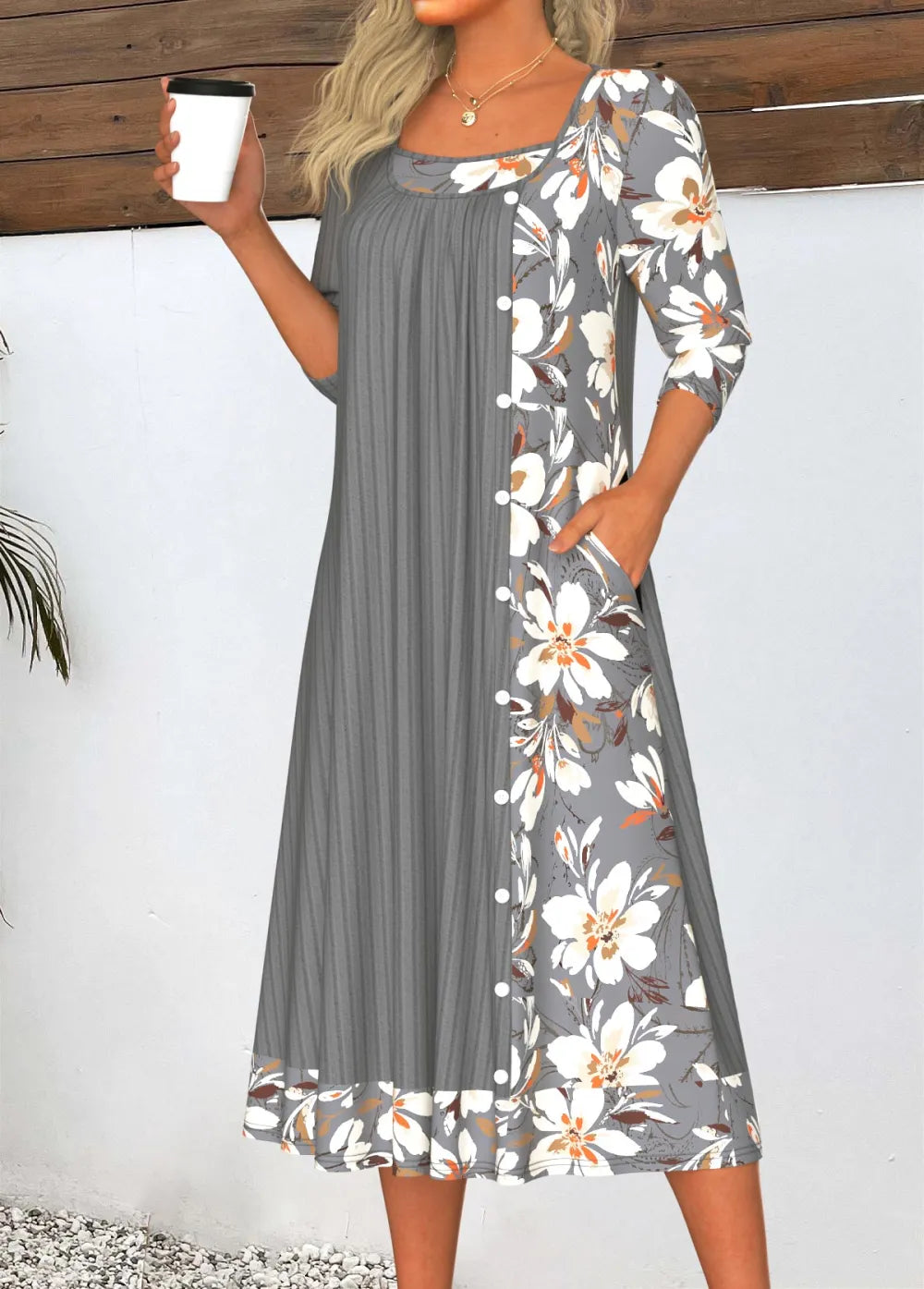 Light Blue Patchwork A Line 3/4 Sleeve Dress
