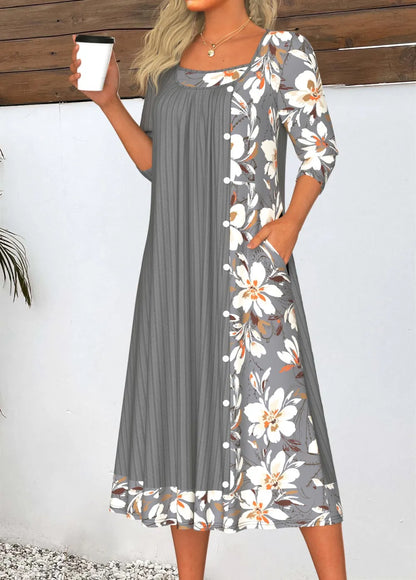 Light Blue Patchwork A Line 3/4 Sleeve Dress