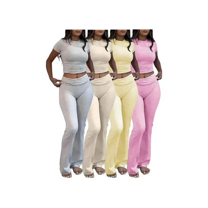 Women's Two-Piece Casual Set: Fitted Short-Sleeve Top with Bell-Bottom Pants
