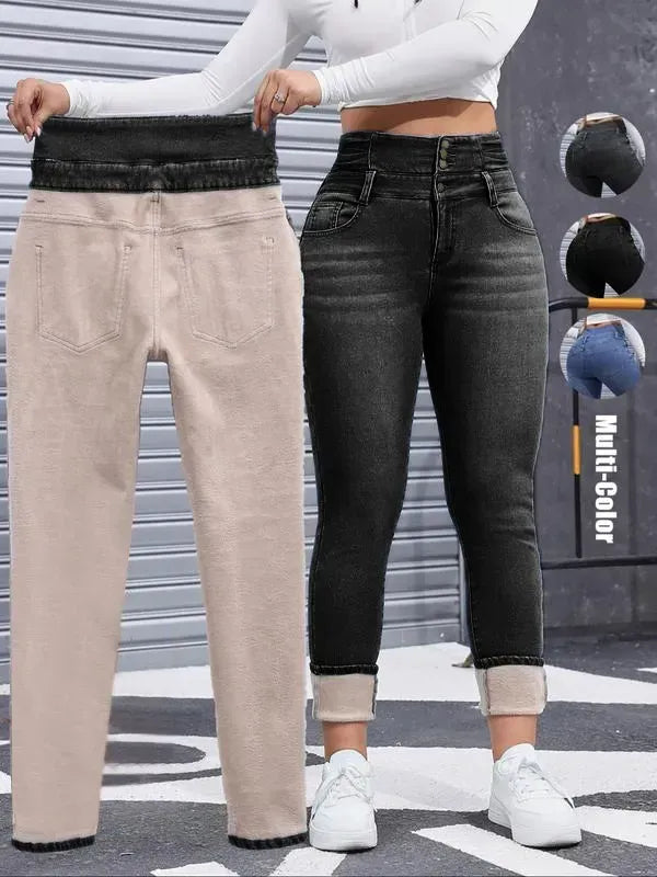 Women's High Elasticity Fleece Lined Thick Denim Jeans