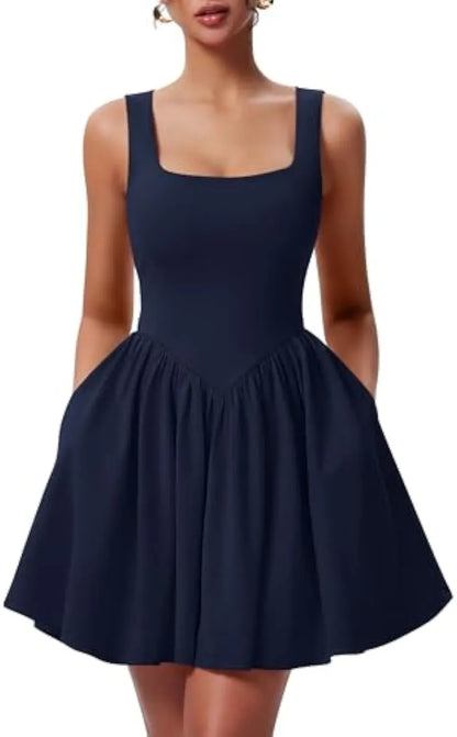 Women's Square Neck A-line Ruffle Hem Mini Tank Dress with Pockets