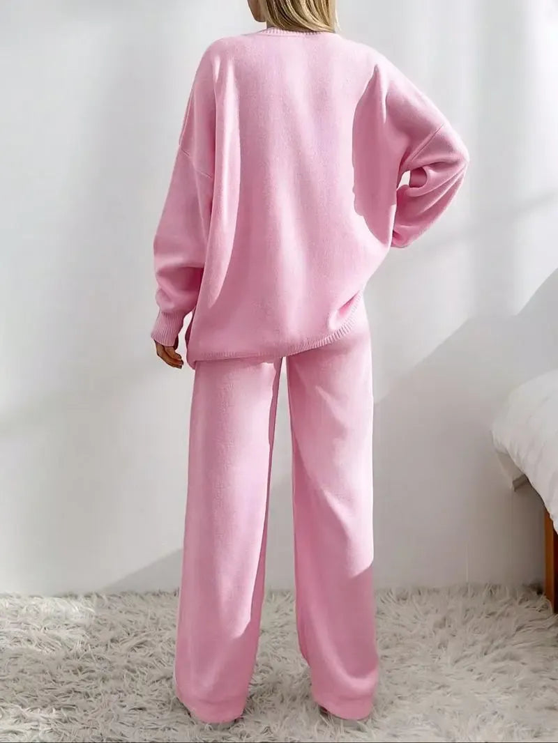 Women's V Neck Cardigan & Elastic Waist Wide Leg Pants Two-piece Set
