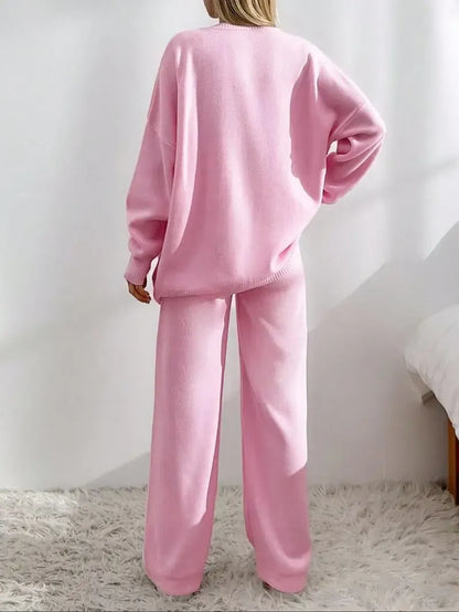 Women's V Neck Cardigan & Elastic Waist Wide Leg Pants Two-piece Set