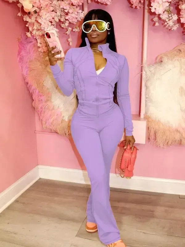 Women's Casual Sporty Two-Piece Set, Long Sleeve Zipper Design, Regular Fit, Fall & Winter, Fashionable Women's Clothing