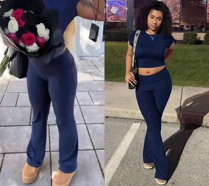 Women's Two-Piece Casual Set: Fitted Short-Sleeve Top with Bell-Bottom Pants