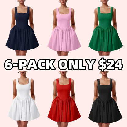 Women's Square Neck A-line Ruffle Hem Mini Tank Dress with Pockets