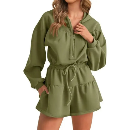 Women's Half-Zip Hooded Long-Sleeve Casual Romper