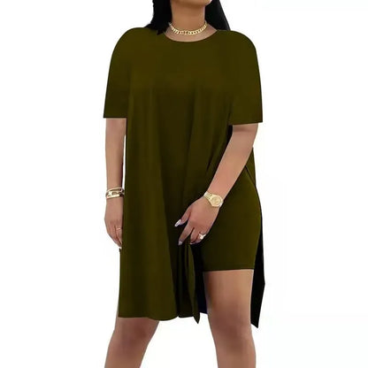 Women Plus Crewneck Short Sleeve Tops and Skinny Biker Shorts Sets