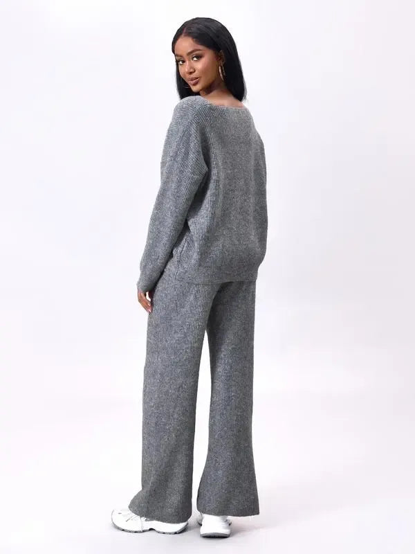 Two-piece Set Women's Solid Color Drop Shoulder Sweater & Pants