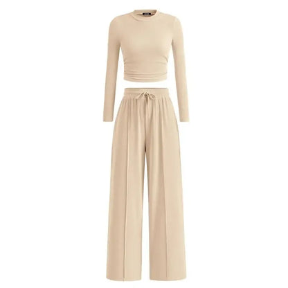Ribbed Knit Long Sleeve Crop Top Wide Leg Pants