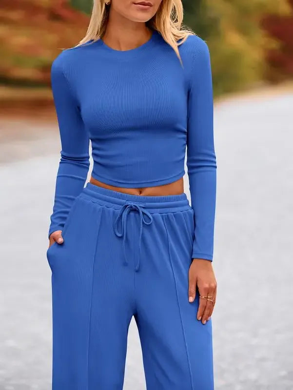 Ribbed Knit Long Sleeve Crop Top Wide Leg Pants