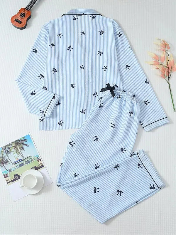Women's Striped Bow Print LongSleeve Pajama Set, Sweet CuteButton Front Top and Pants